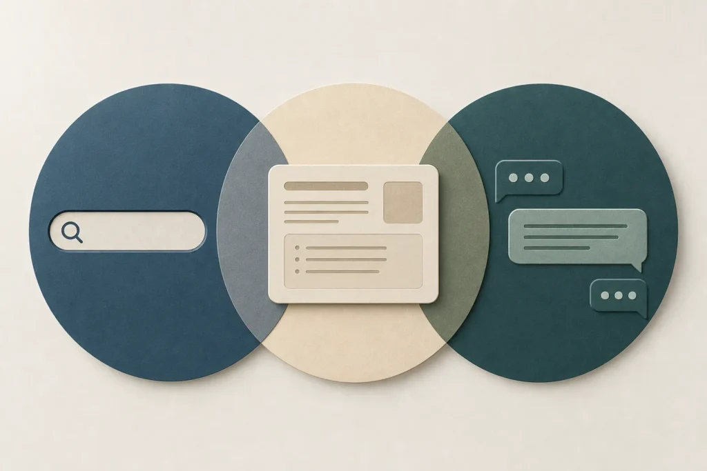 Diagram showing the relationship between SEO, AEO and GEO for UK business digital strategy