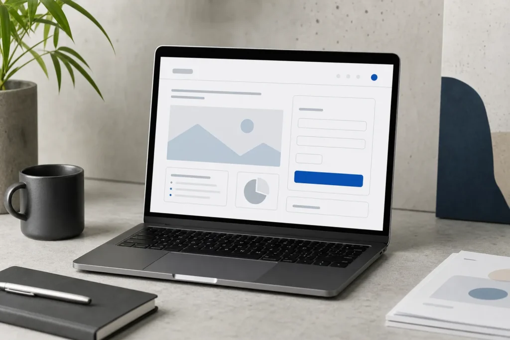 Laptop showing a website wireframe with a contact form and call-to-action button, representing SME lead generation