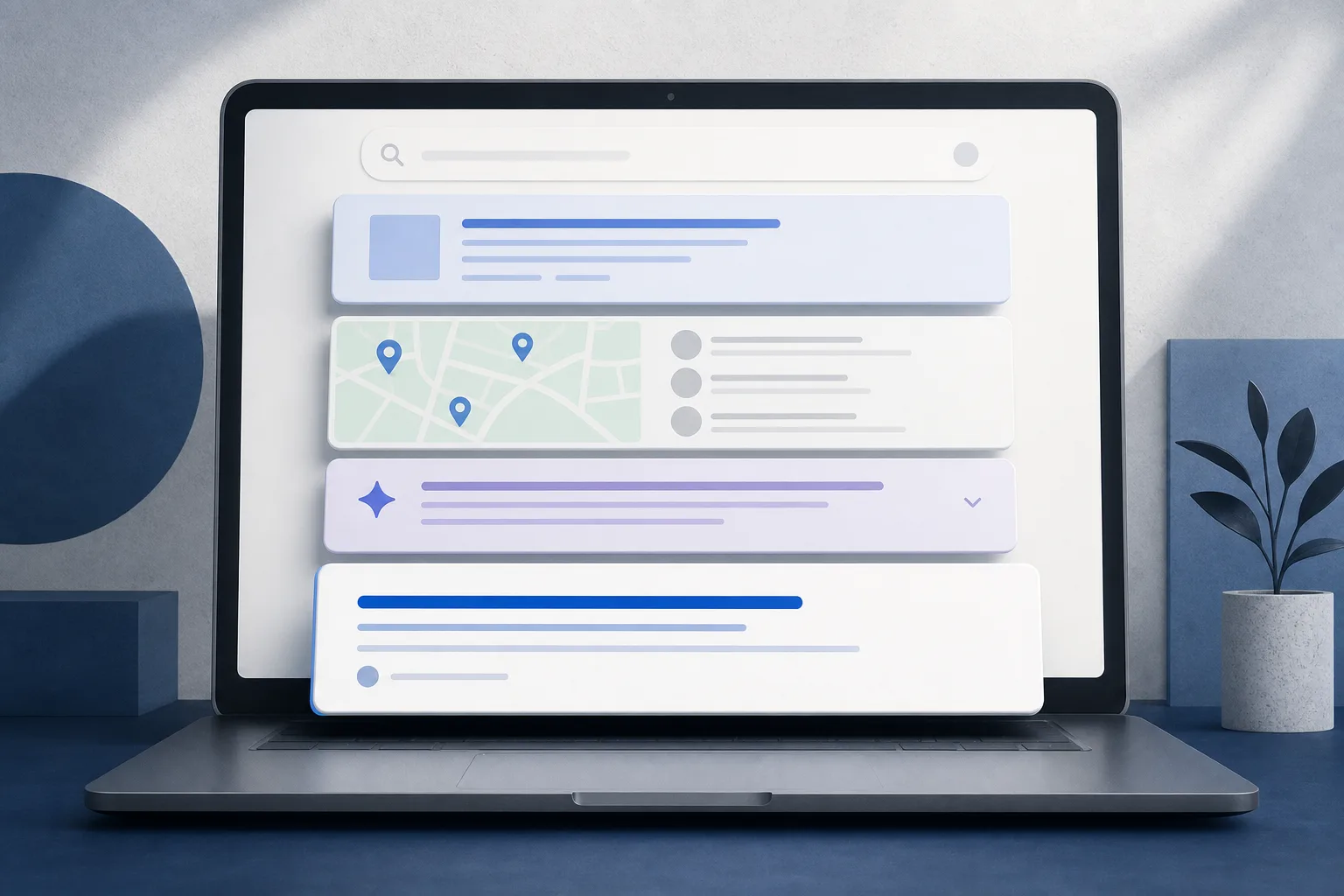 Google search results page showing ads, map pack and AI overview above organic ranking results